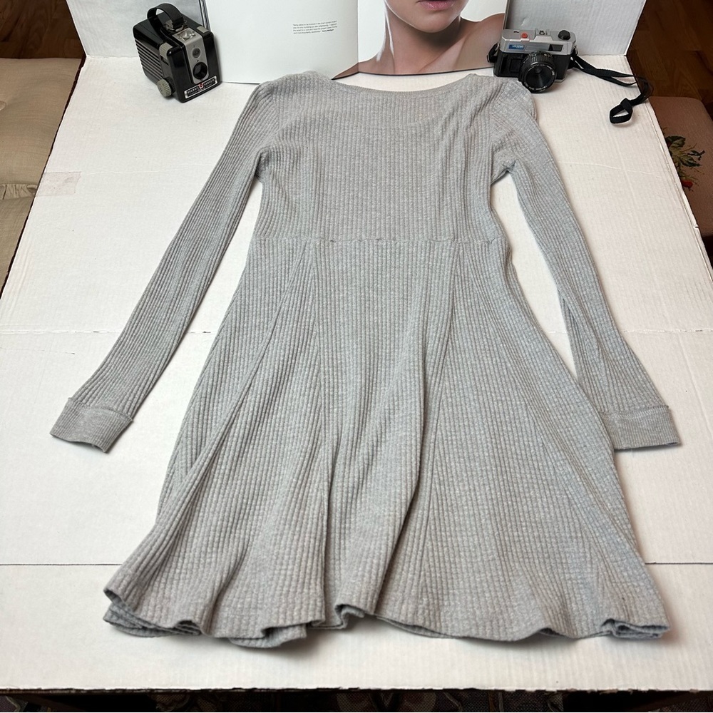 Eloise Gray Waffle Knit Fit & Flare Dress Lace Back Size Small Cottagecore - Picture 5 of 11